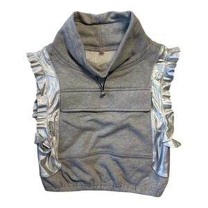 Free People Movement Cropped Silver Ruffle Sleeveless Sweatshirt Vest Gray Small